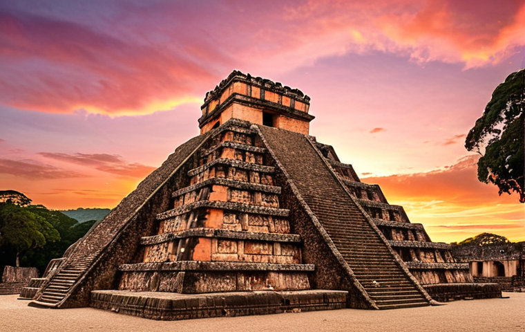 **A majestic view of the Great Plaza at Copán during sunset. Capture the warm, pink and orange tones of the sky over the stelae, with one person sitting atop a pyramid.**