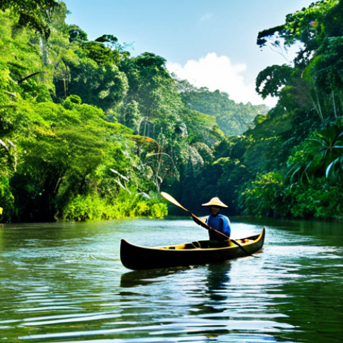 Home 6 Río Plátano Biosphere Reserve**
"A lone canoeist paddles down a calm river within the lush Río Plátano Biosphere Reserve, surrounded by dense rainforest, sunlight filtering through the canopy, vibrant green foliage reflecting in the water, safe for work, appropriate content, fully clothed, perfect anatomy, correct proportions, natural pose, professional nature photography, high quality, family-friendly."
**