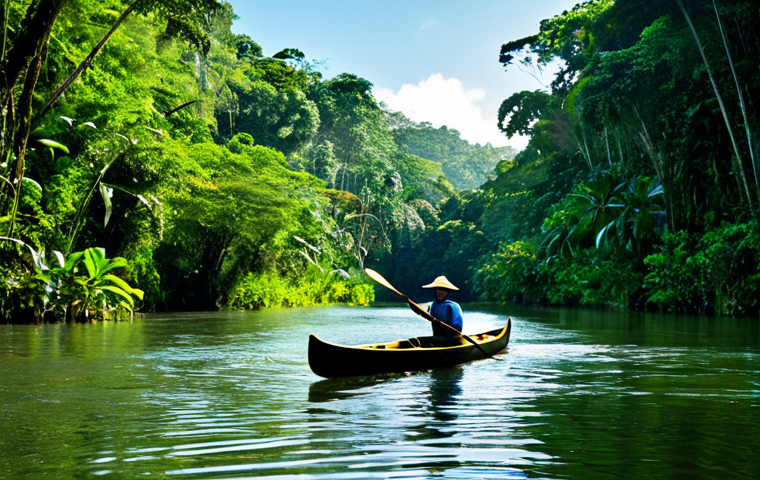 Río Plátano Biosphere Reserve**
"A lone canoeist paddles down a calm river within the lush Río Plátano Biosphere Reserve, surrounded by dense rainforest, sunlight filtering through the canopy, vibrant green foliage reflecting in the water, safe for work, appropriate content, fully clothed, perfect anatomy, correct proportions, natural pose, professional nature photography, high quality, family-friendly."
**